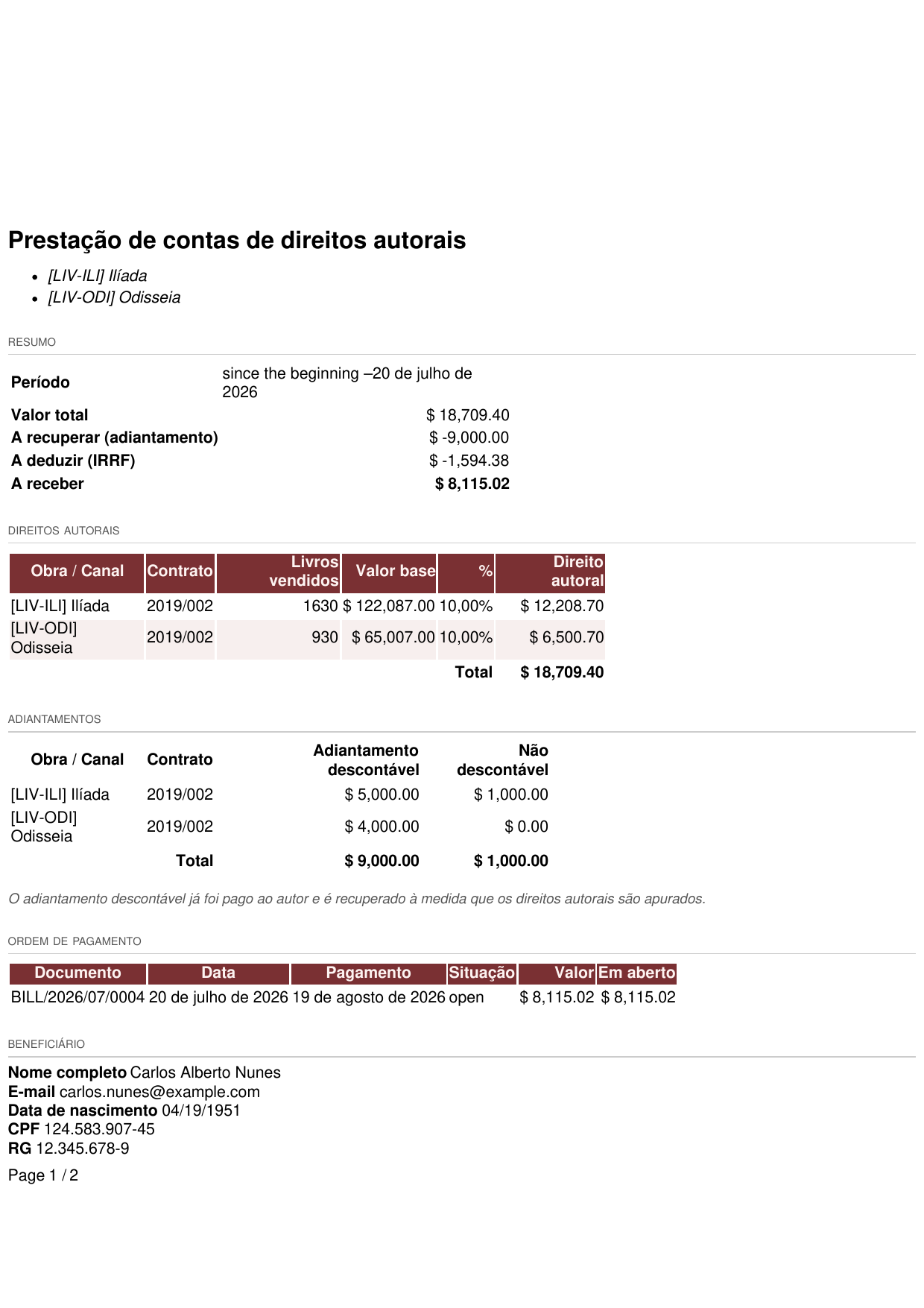 PDF da prestação de contas: resumo com período, valor total, IRRF e valor a receber, seguido da tabela de obras