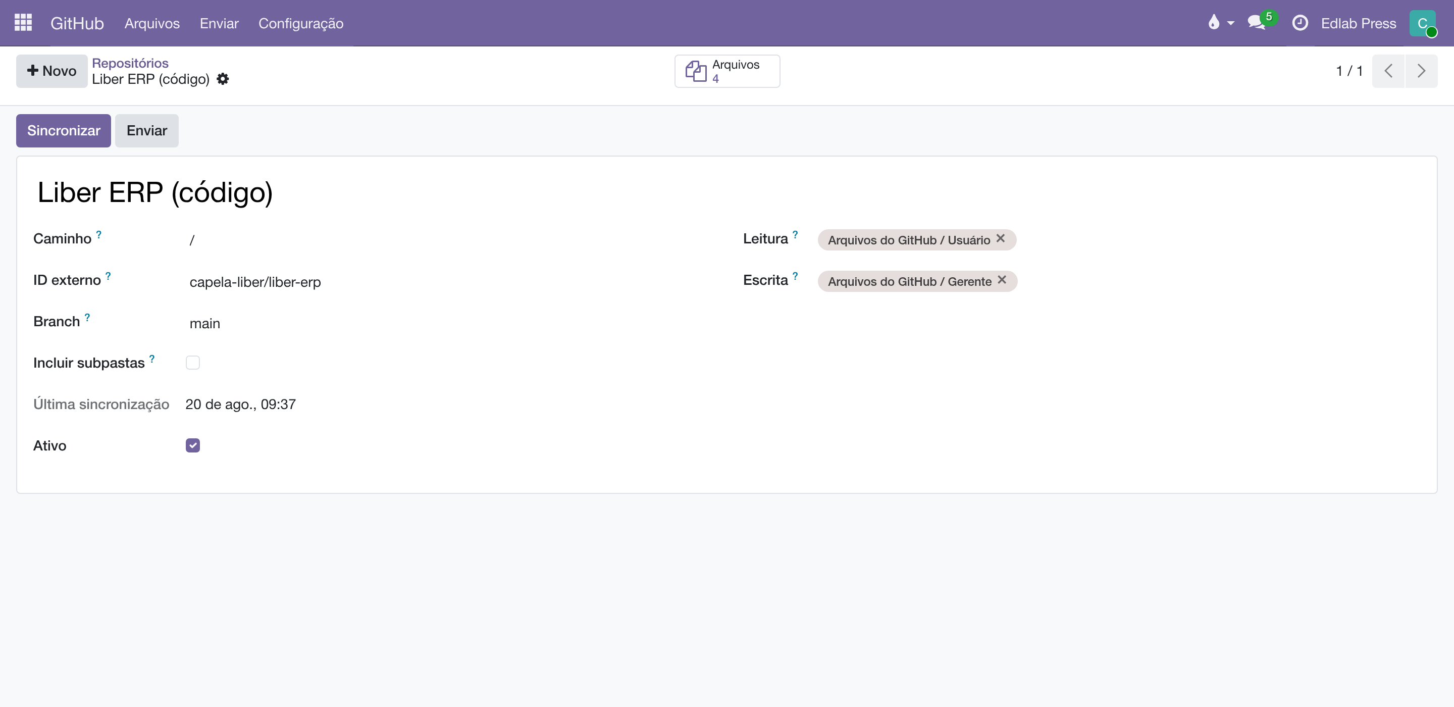 Formulário de um repositório mapeado, com dono/repositório no ID externo, a branch e os grupos de leitura e escrita.