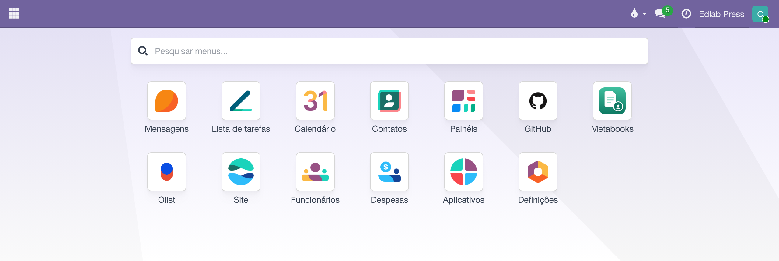 Tela inicial do Odoo com as tiles dos aplicativos, entre elas a do GitHub, com o ícone do gato preto do serviço.