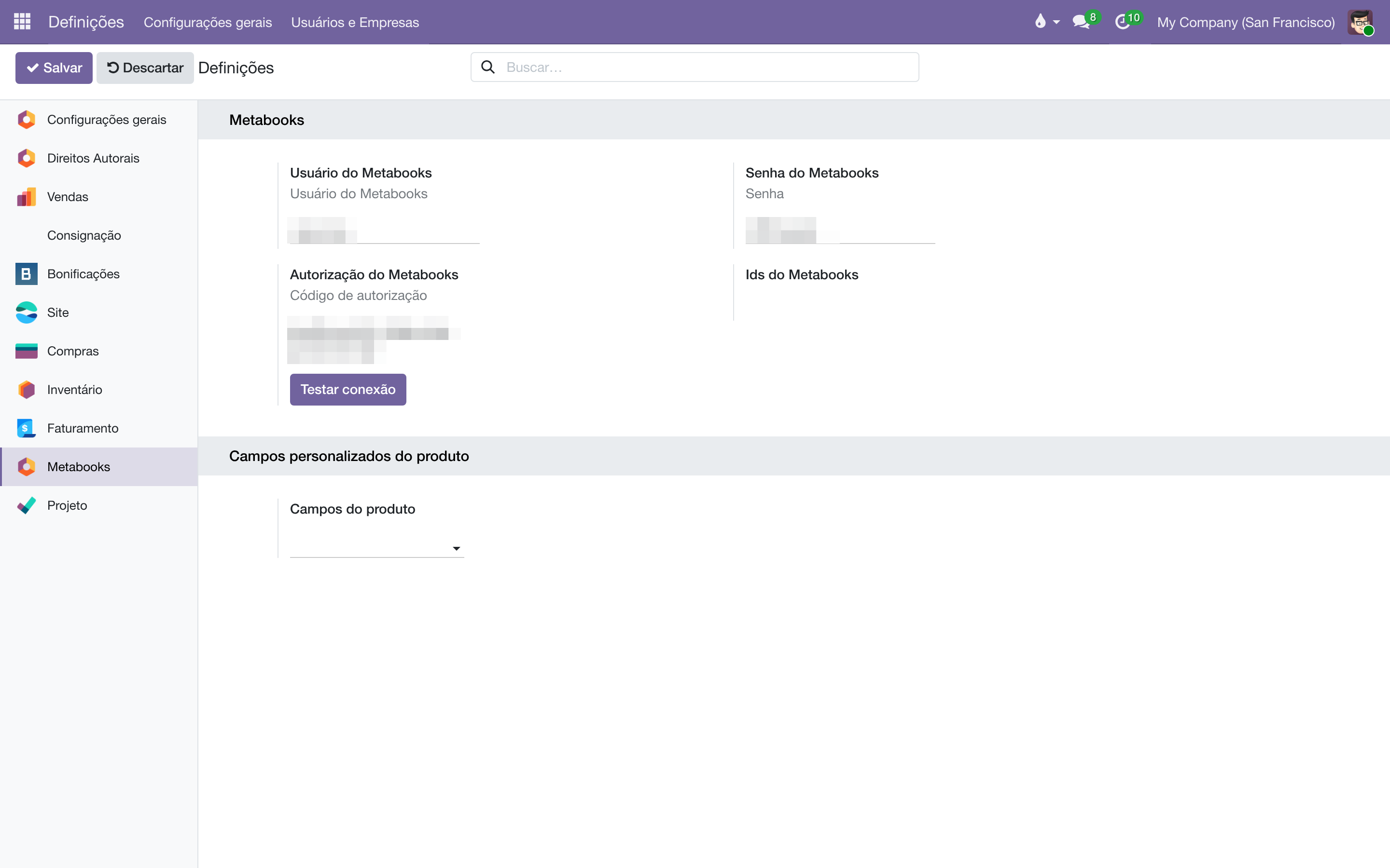 Página de configurações do Metabooks com usuário, senha, código de autorização e o botão Testar conexão
