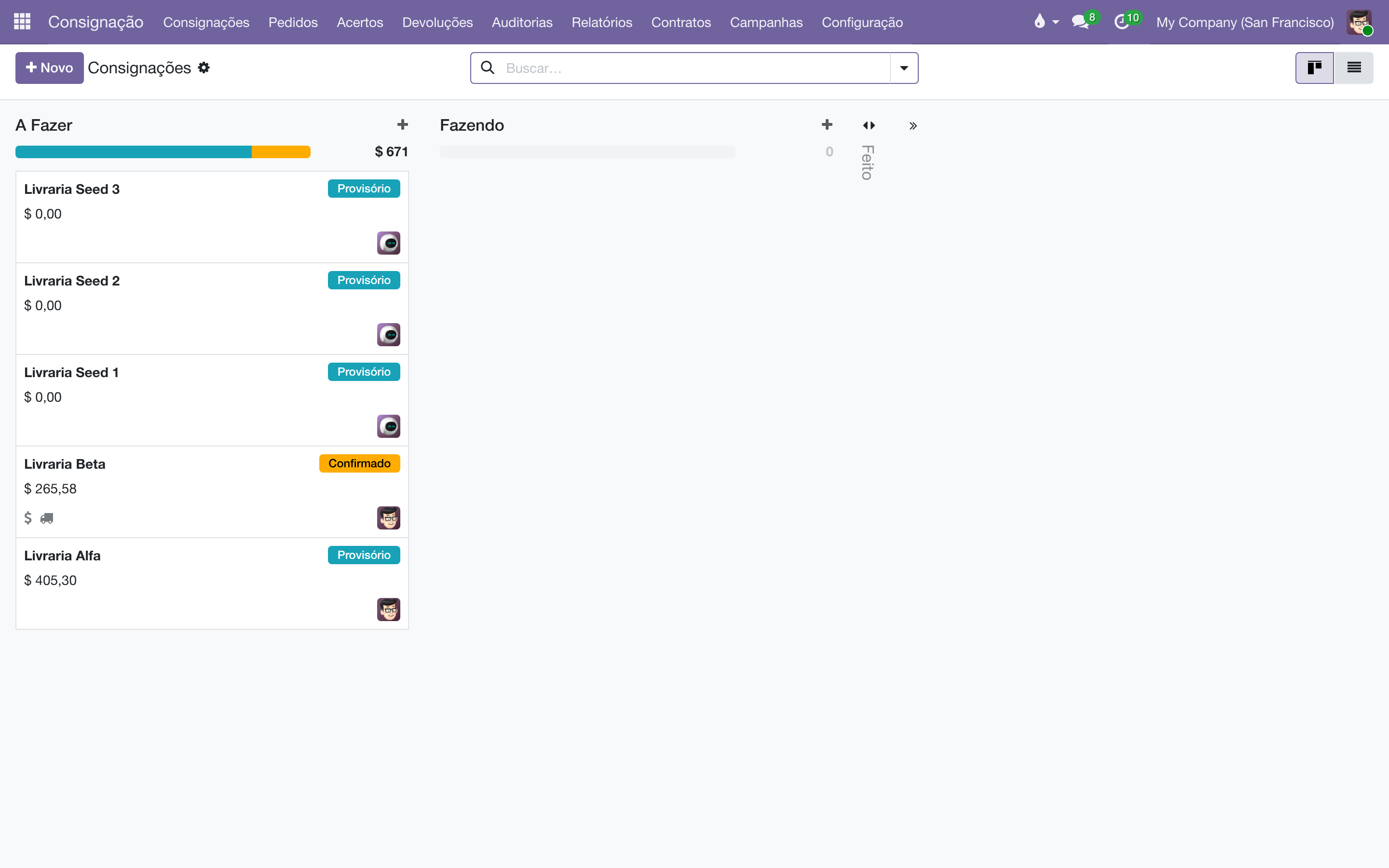 Quadro kanban das operações de consignação com colunas A Fazer, Fazendo e Feito, cartões por cliente com valor e responsável