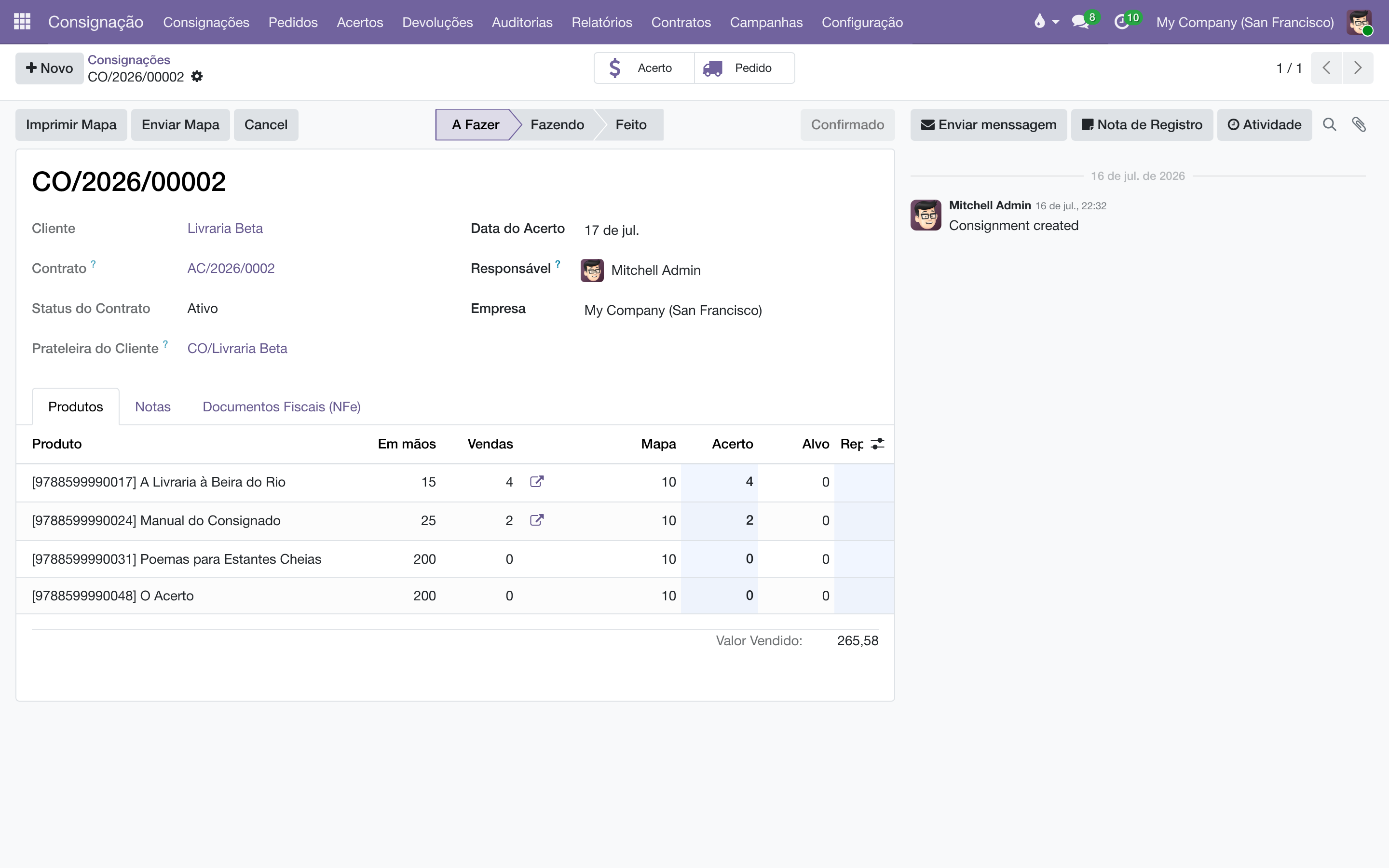 Linhas da operação de consignação com as colunas Em mãos, Vendas, Mapa, Acerto, Alvo, Reposição, Devolução e a etiqueta de Situação