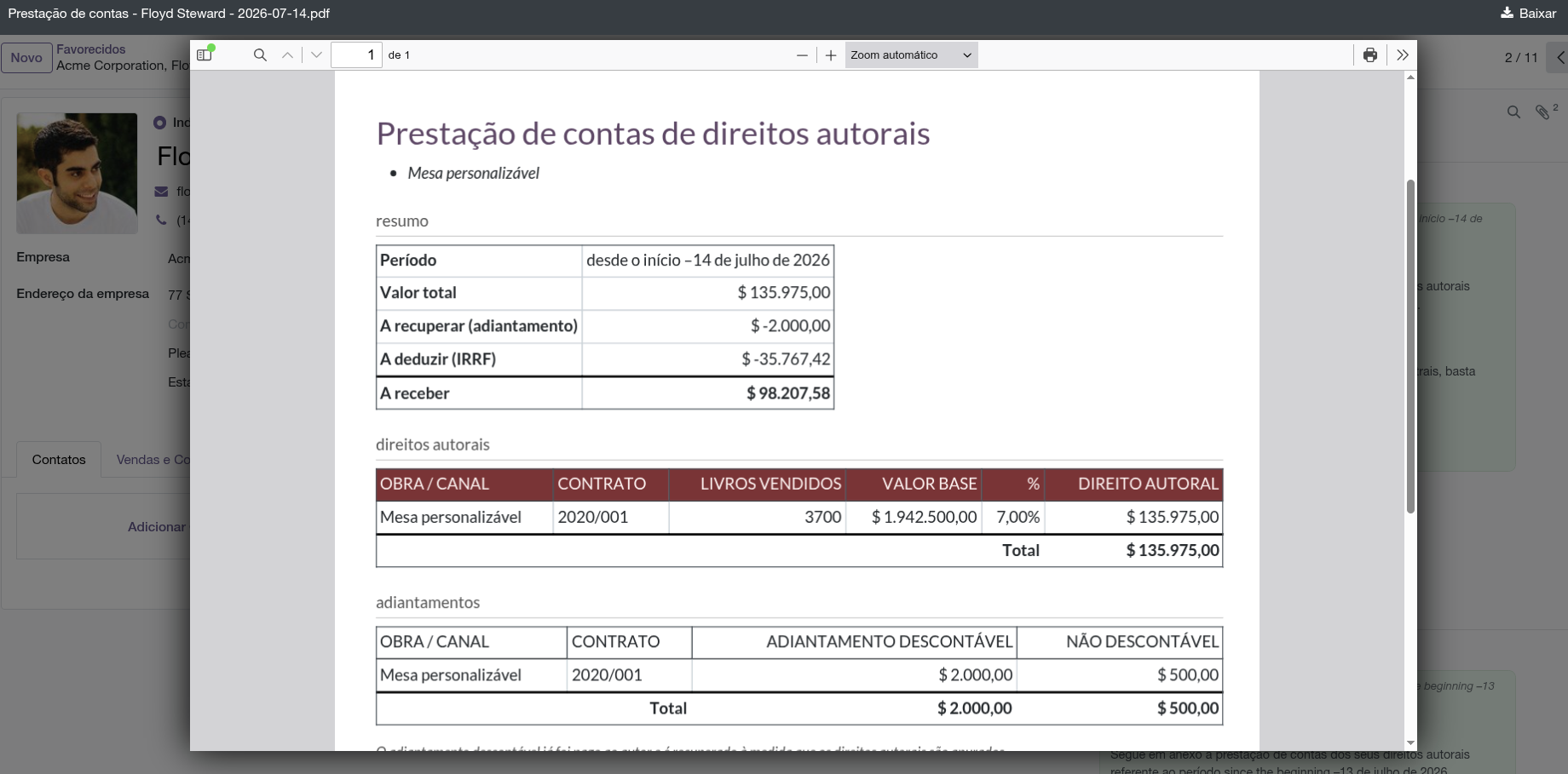 Prestação de contas de direitos autorais em PDF