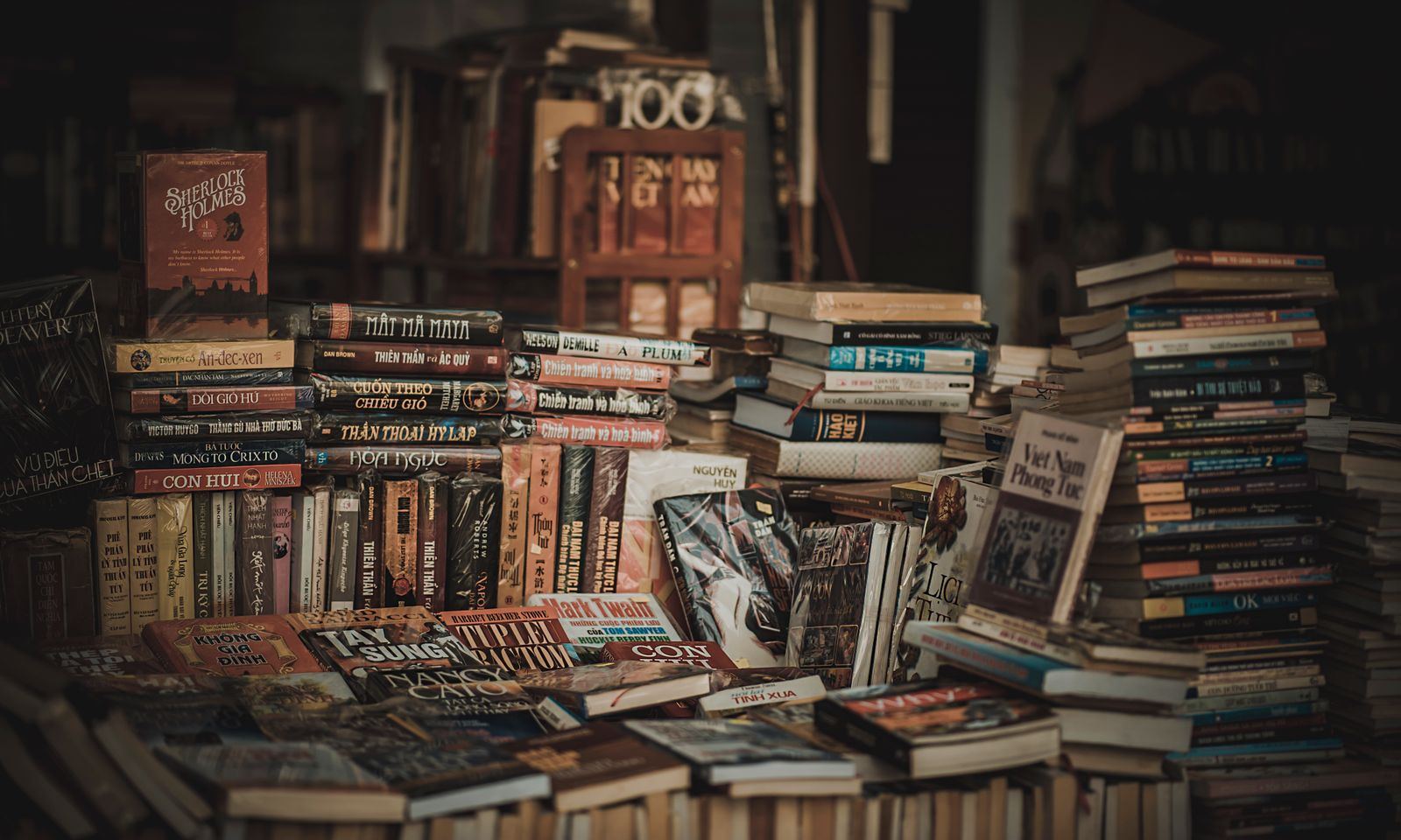 Pilhas de livros em um sebo